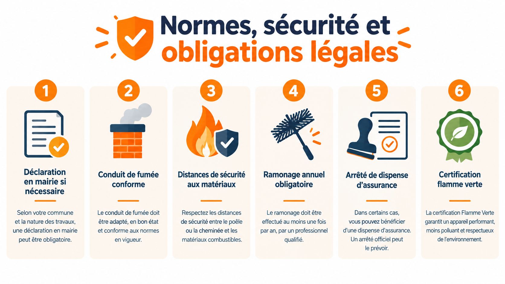 Infographie illustrant six règles de sécurité et obligations légales pour l'installation d'un poêle ou cheminée.