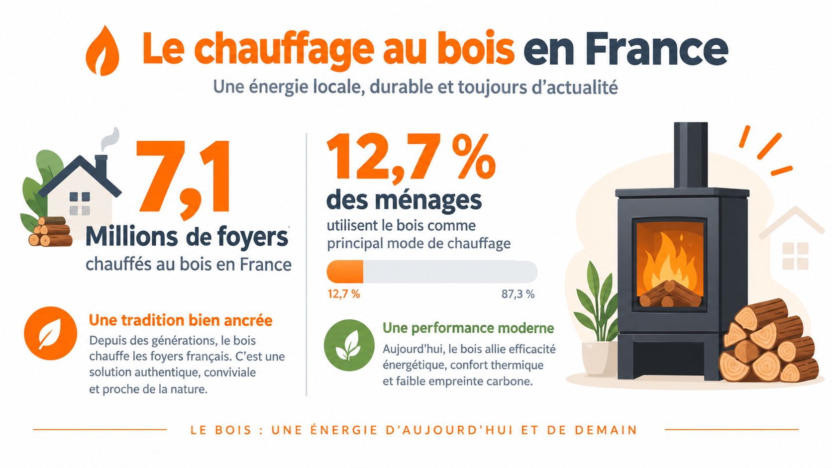 Infographie montrant 7,1 millions de foyers français chauffés au bois et l'importance de cette énergie renouvelable.
