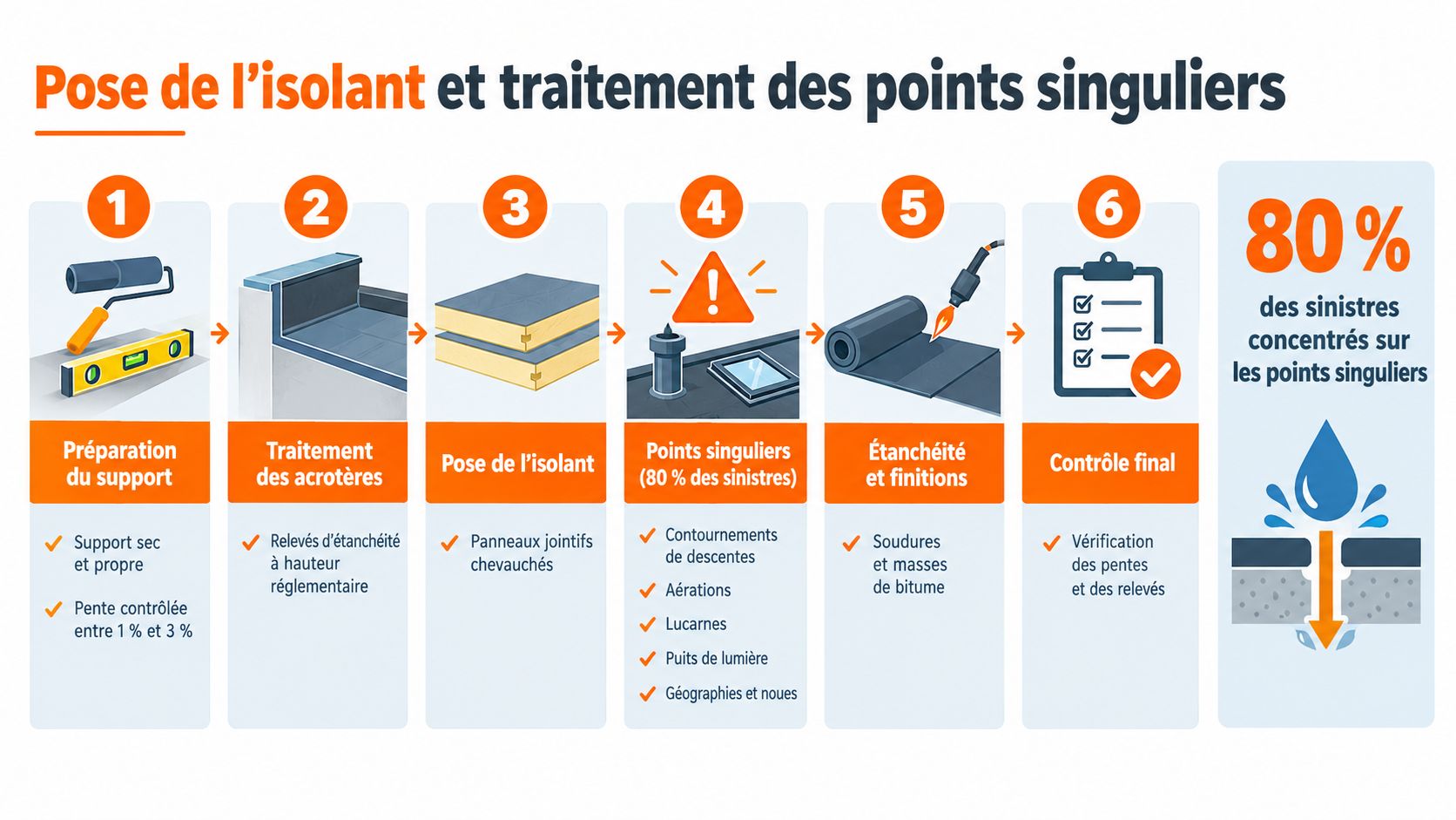 Infographie montrant les six étapes essentielles pour une isolation étanche efficace des toits plats en France.