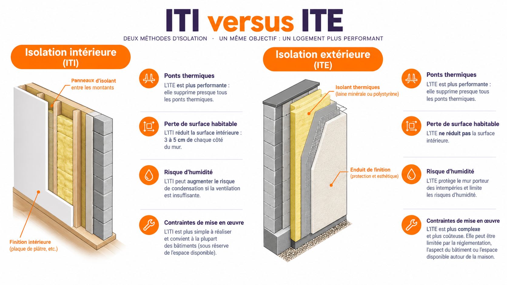 Comparaison technique illustrée entre l'isolation thermique par l'intérieur (ITI) et l'isolation thermique par l'extérieur (ITE) d'un bâtiment.