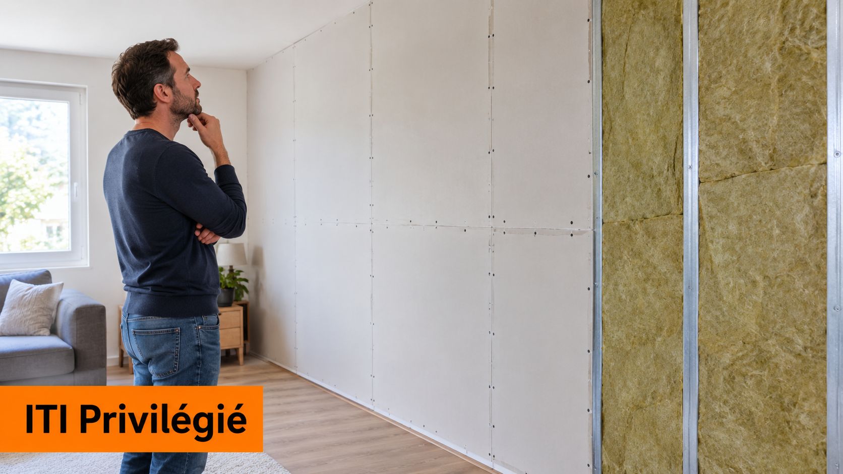 Un homme réfléchit devant un mur en cours d'isolation thermique par l'intérieur dans un salon moderne.