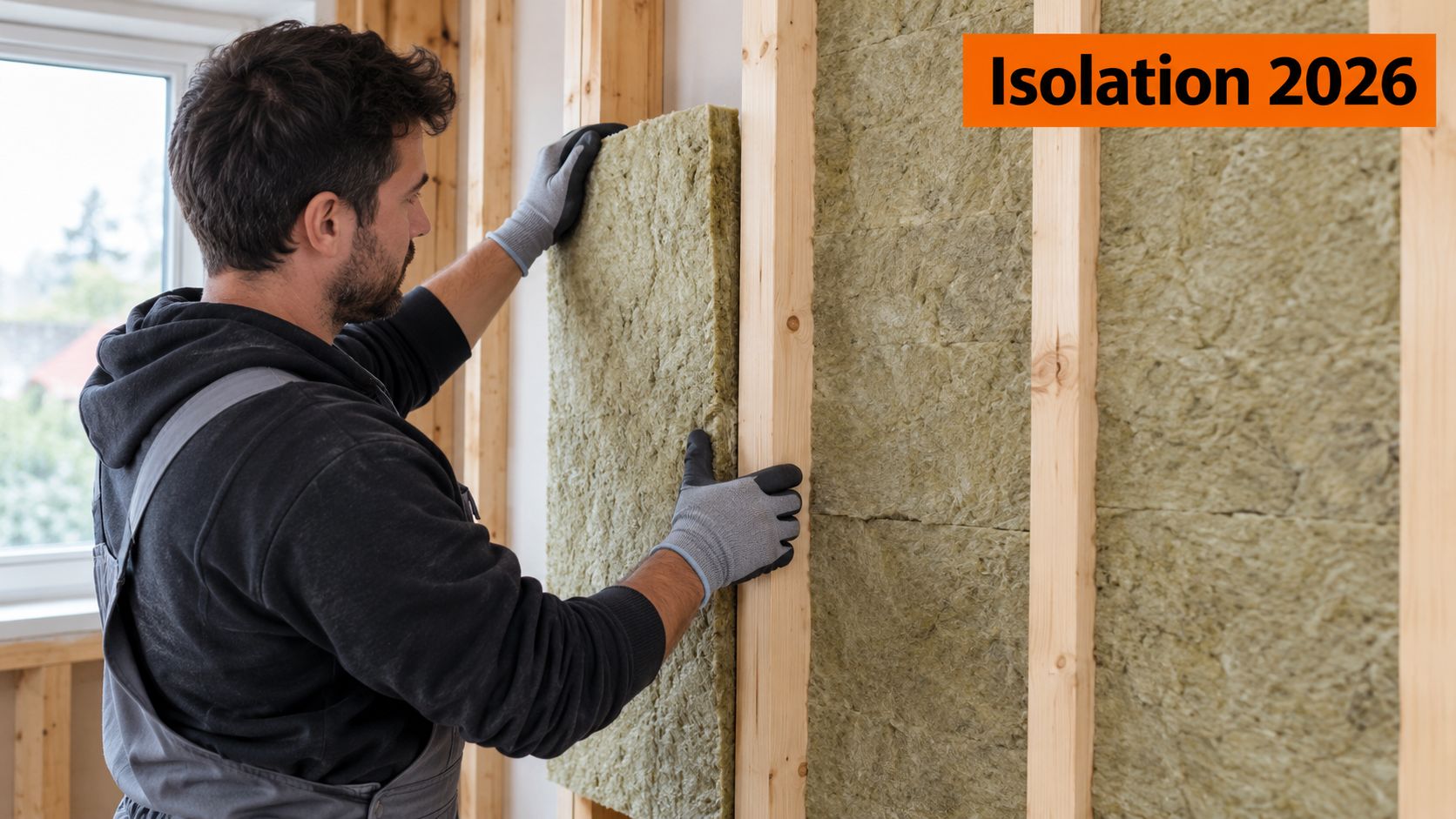 Un artisan installe des panneaux d'isolant thermique dans une ossature en bois lors de travaux de rénovation.