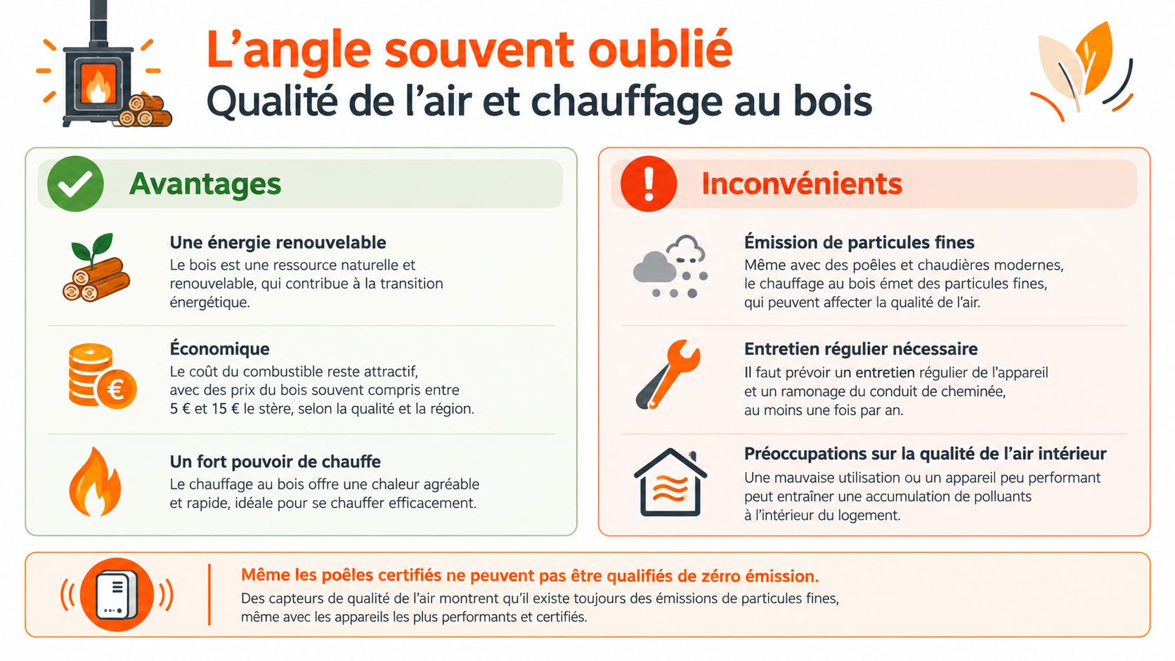 Infographie présentant les avantages et les inconvénients du chauffage au bois sur la qualité de l'air.