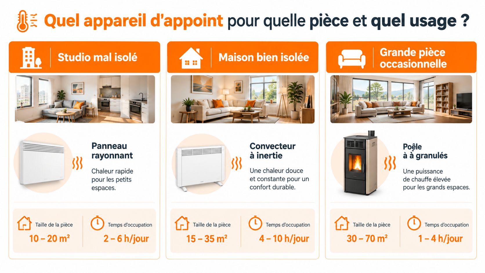 Infographie comparant trois types de chauffage d'appoint selon la taille des pièces et le temps d'utilisation.