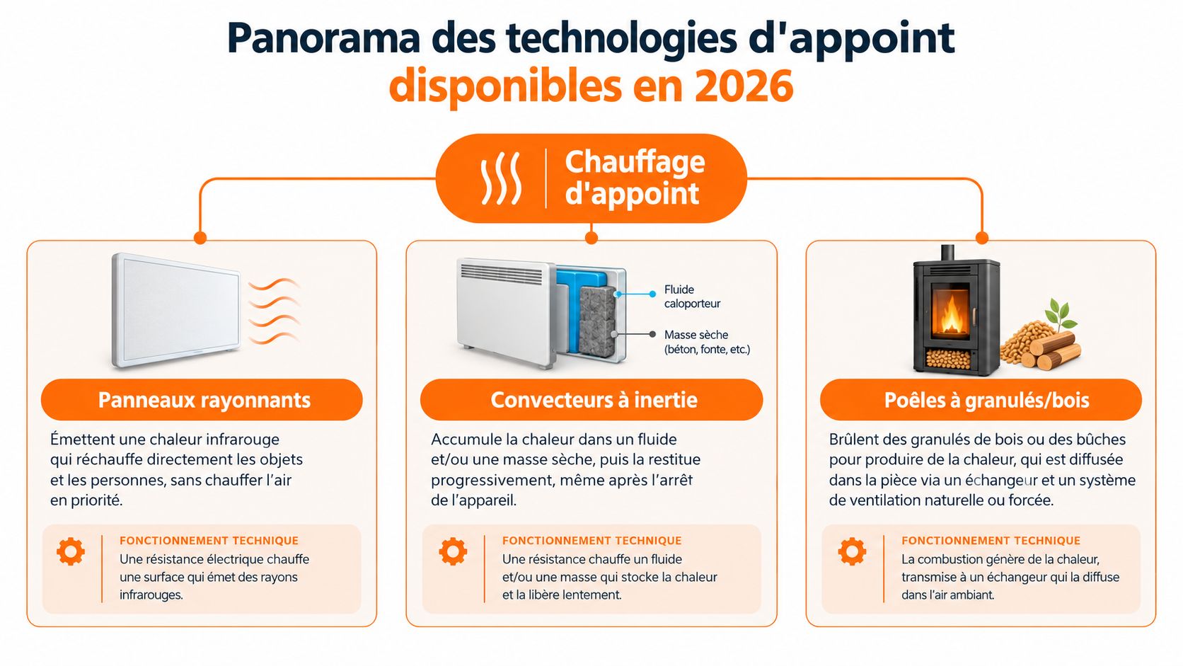 Schéma explicatif des différentes technologies de chauffage d'appoint disponibles en 2026 pour le confort thermique intérieur.