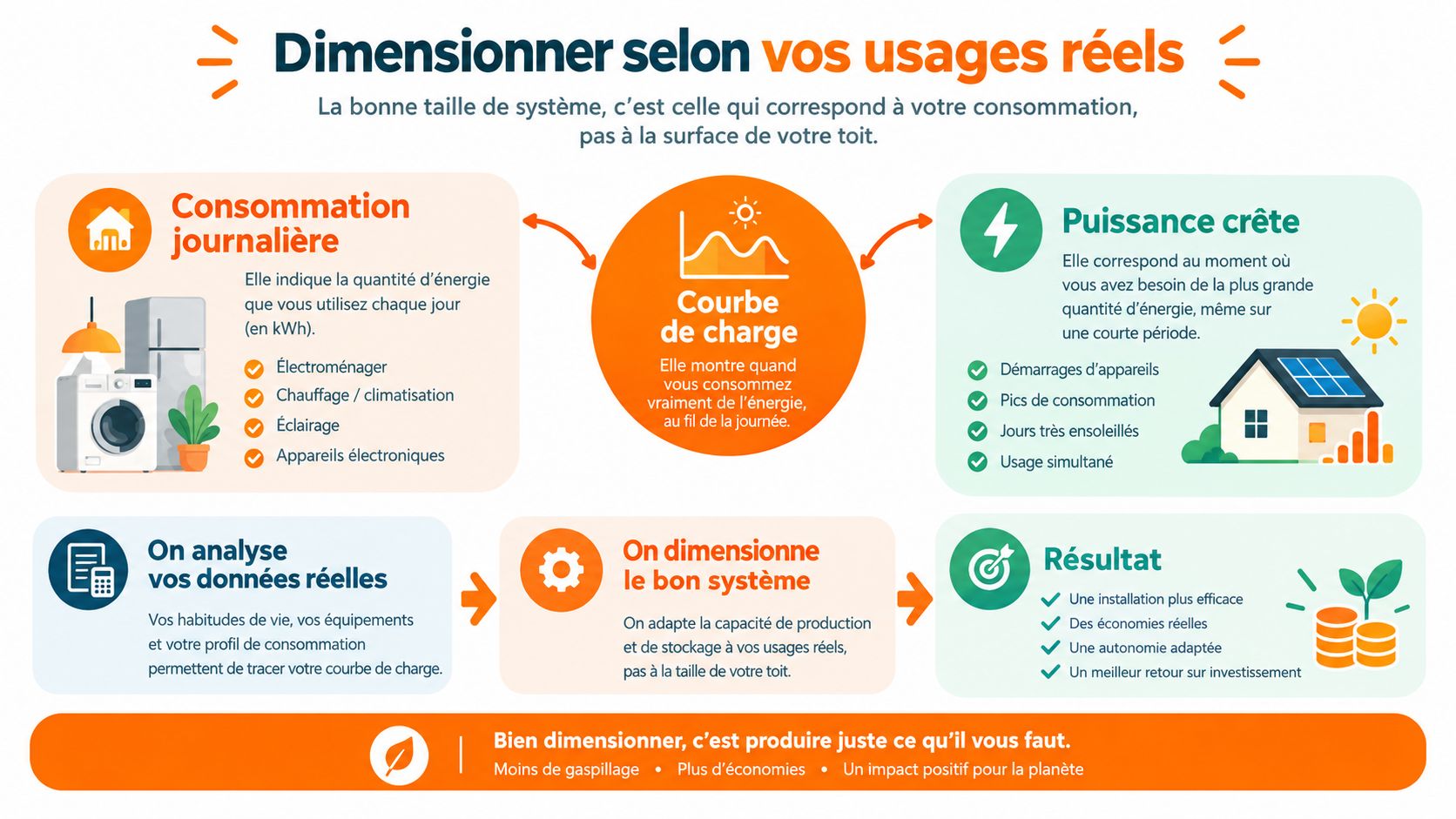 Infographie expliquant comment dimensionner un système de panneaux solaires en fonction de votre consommation d'énergie réelle.