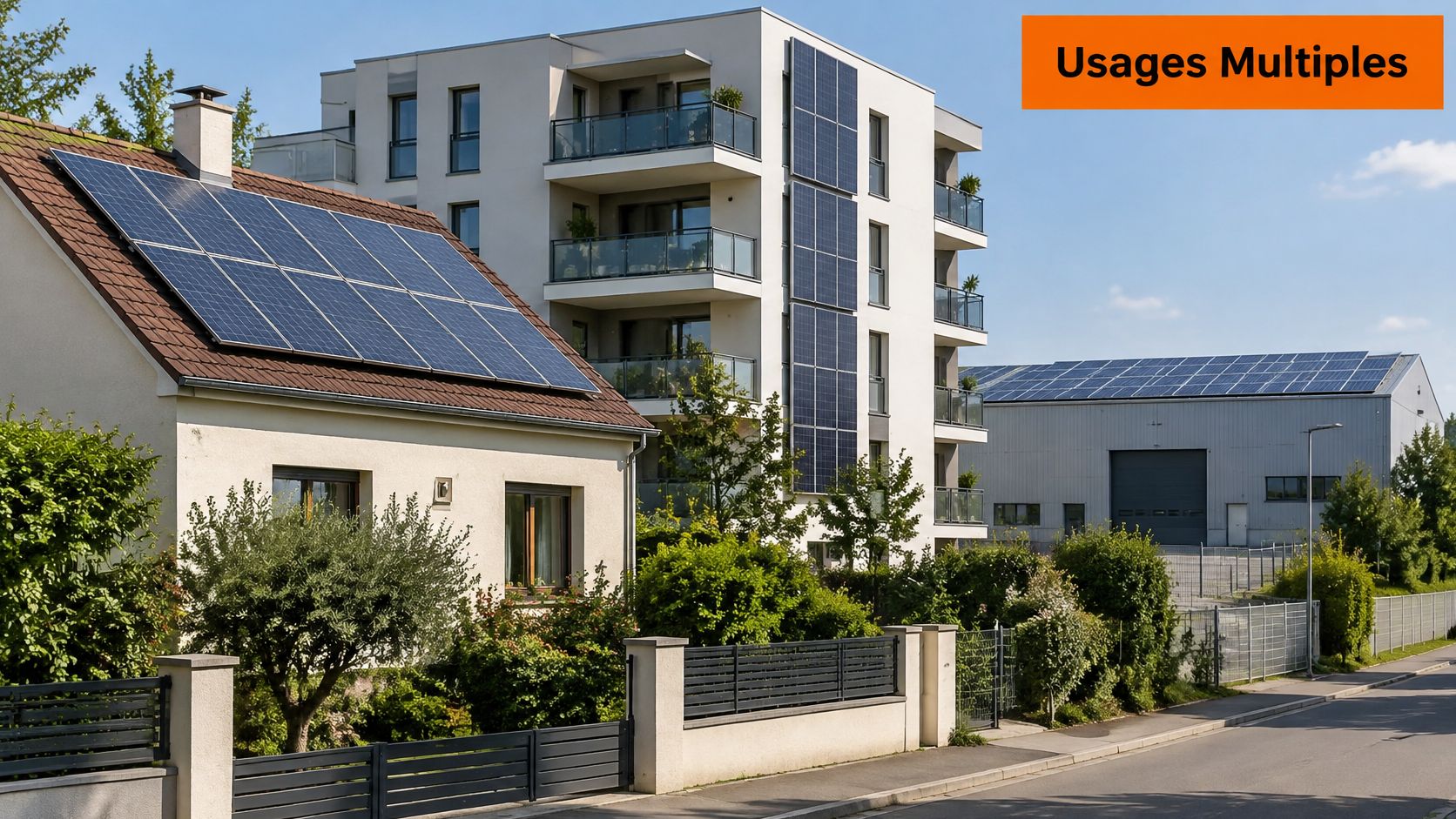 Installation de panneaux solaires photovoltaïques sur le toit d'une maison, d'un immeuble et d'un bâtiment industriel.