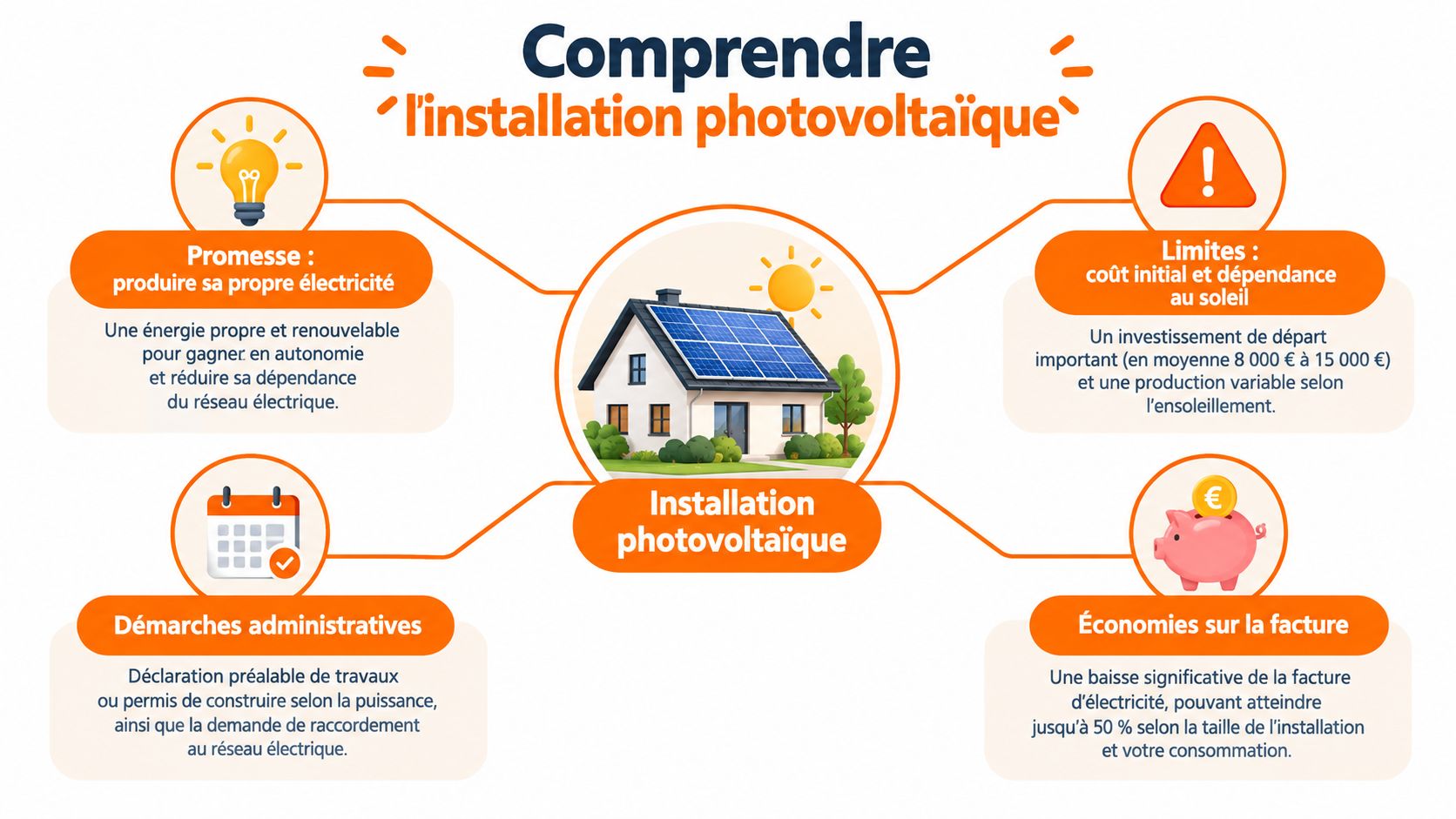 Infographie illustrant les avantages, le coût et les démarches administratives pour une installation de panneaux solaires photovoltaïques.