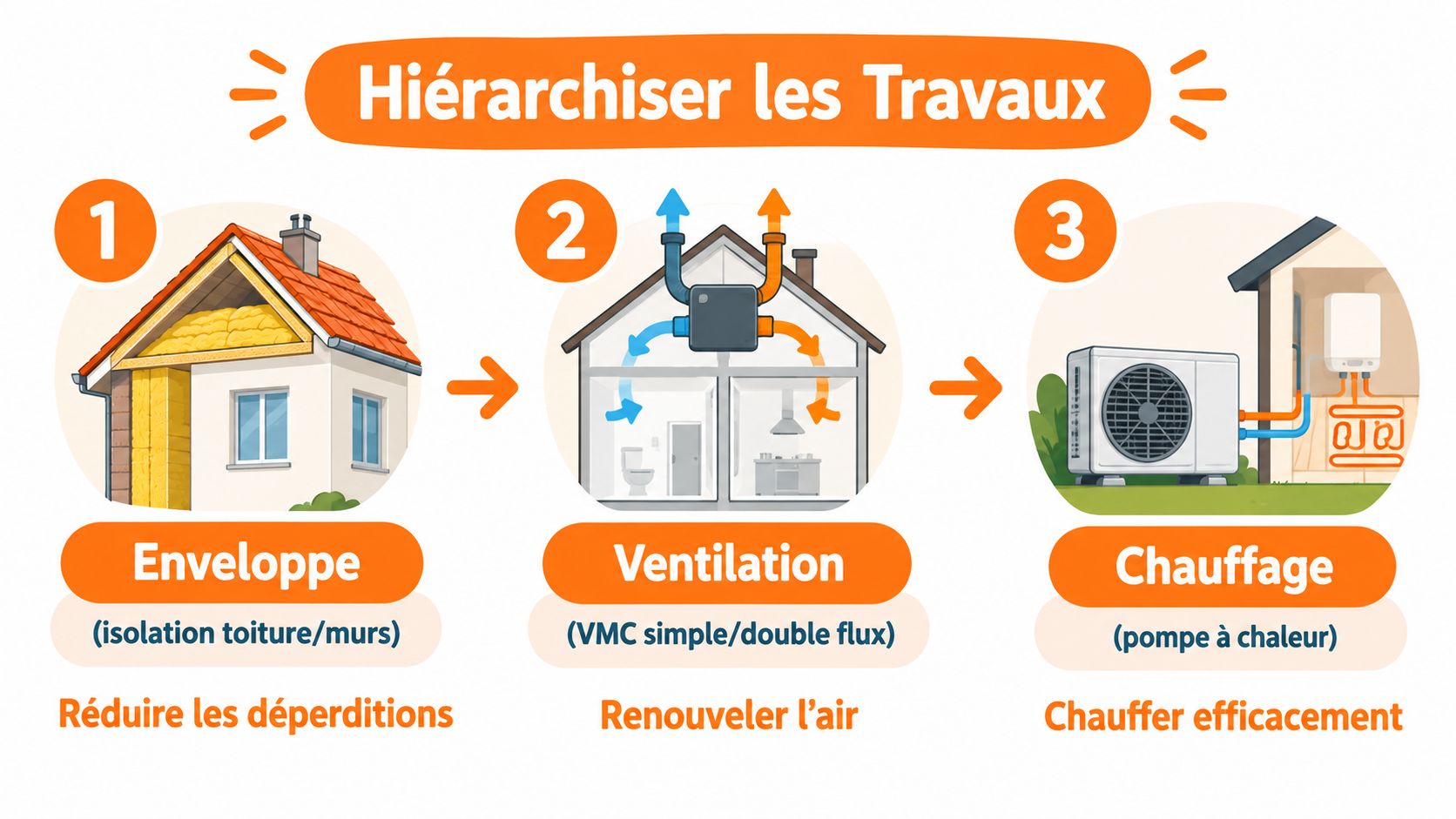 Schéma illustrant les trois étapes prioritaires pour la rénovation énergétique d'une maison : isolation, ventilation et chauffage.
