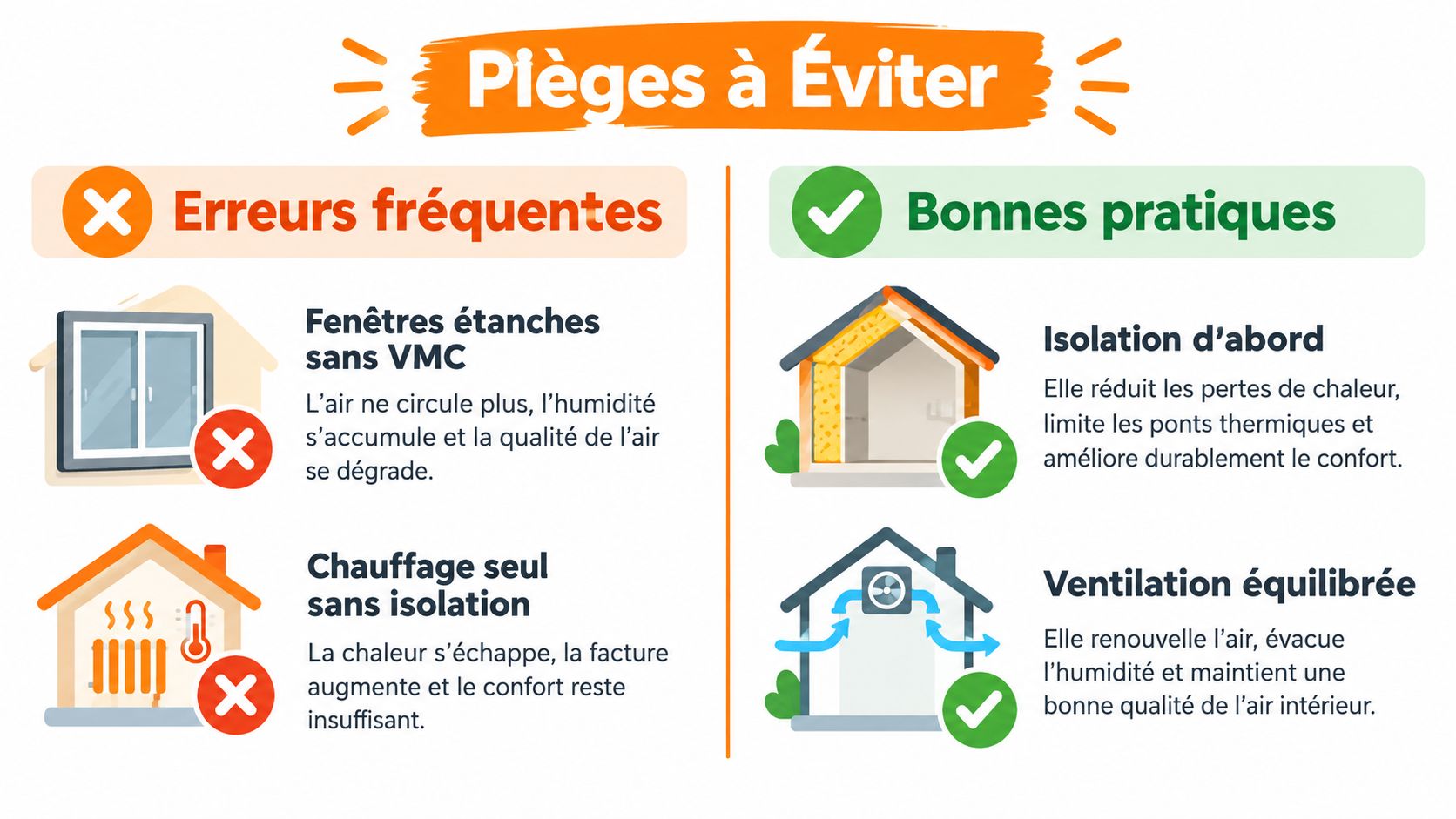 Infographie comparant les erreurs fréquentes et les bonnes pratiques pour la rénovation énergétique d'une maison.