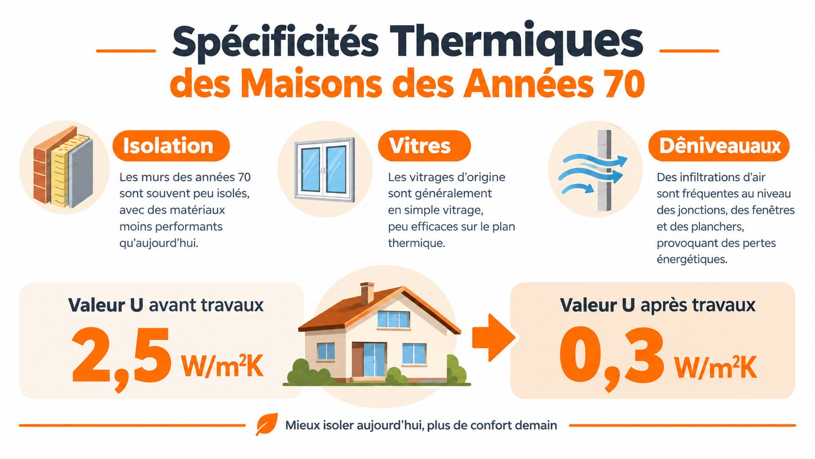 Infographie montrant les faiblesses thermiques des maisons des années 70 et l'amélioration après des travaux de rénovation.