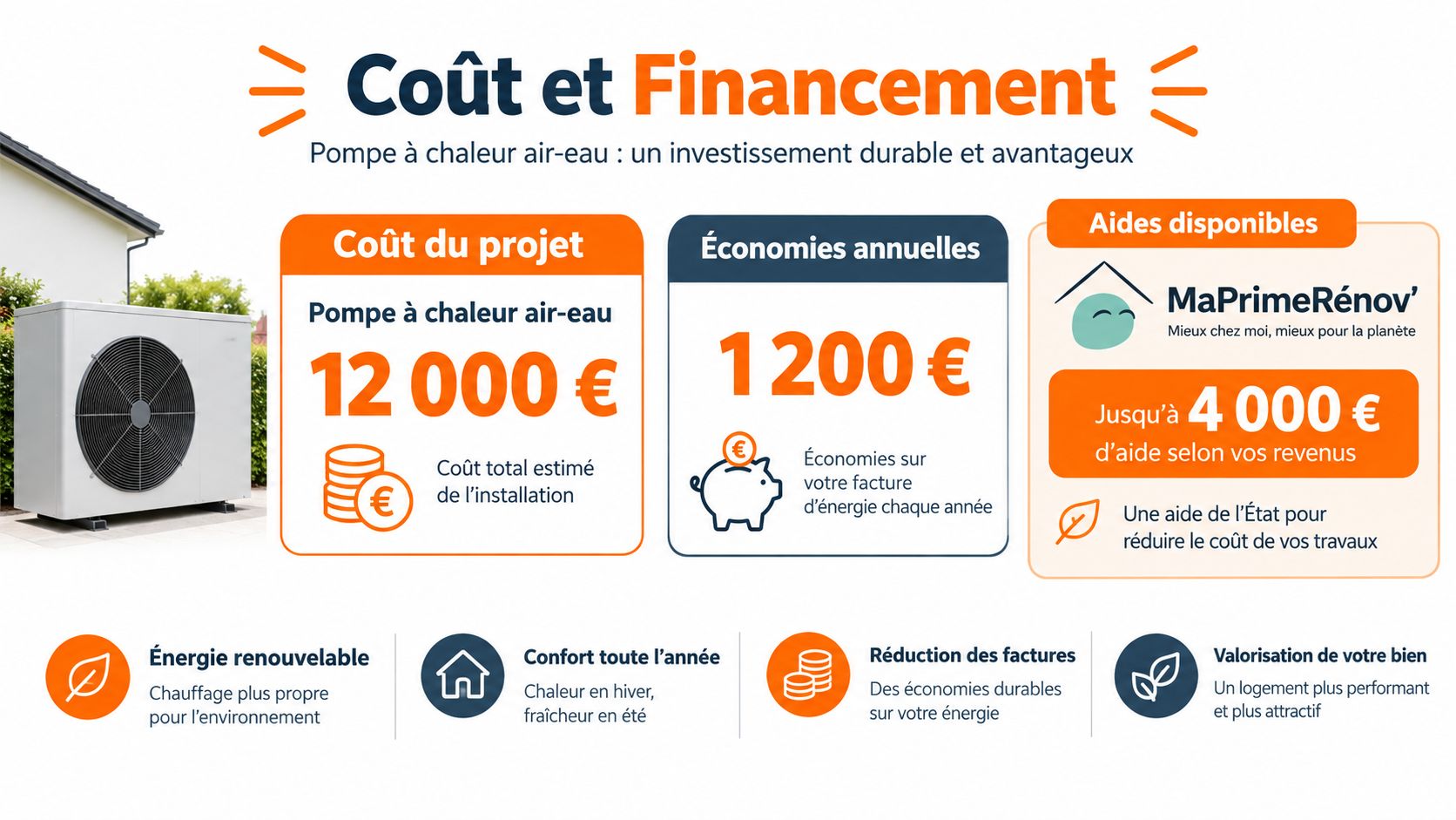 Infographie illustrant les coûts, économies et aides financières pour l'installation d'une pompe à chaleur air-eau domestique.