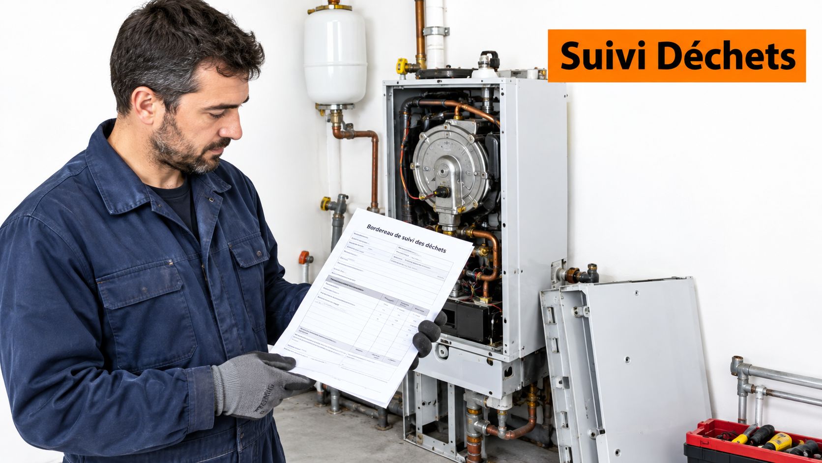 Un technicien de maintenance spécialisé inspecte une chaudière à gaz en remplissant un formulaire de suivi déchets.