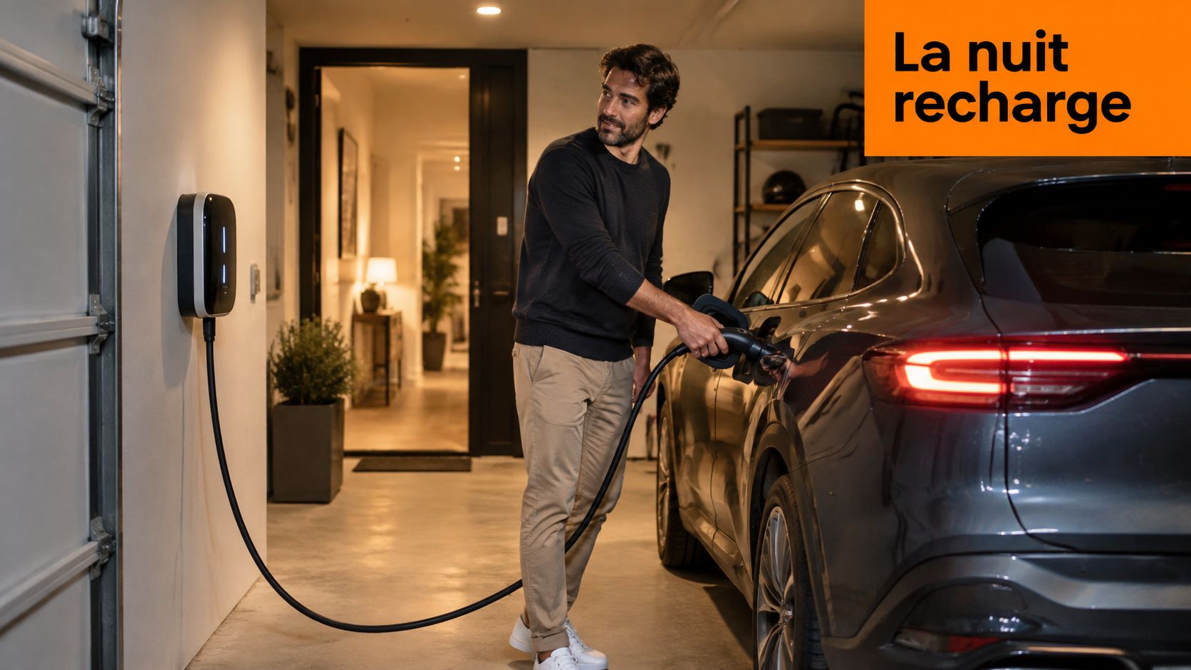 Un homme branche sa voiture électrique sur une borne de recharge murale dans son garage la nuit.