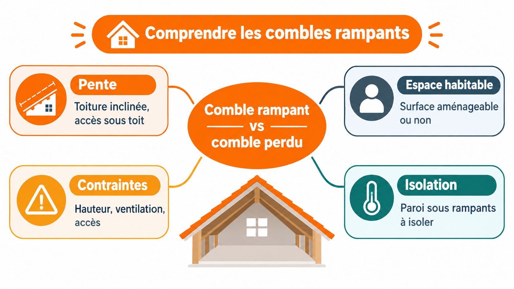 Schéma explicatif illustrant les différences entre combles rampants et combles perdus pour l'isolation de votre toiture.