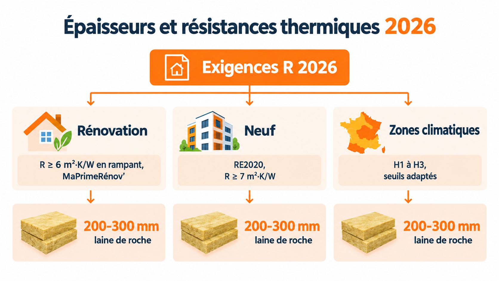 Infographie montrant les épaisseurs et résistances thermiques pour l'isolation des combles rampants selon les normes 2026.