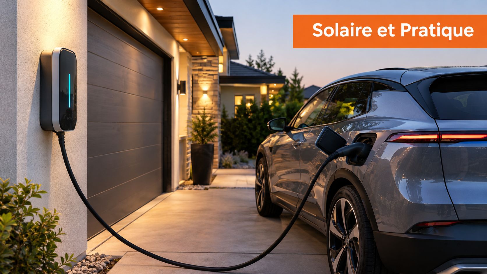 Une borne de recharge solaire moderne installée sur le mur d'une maison chargeant une voiture électrique grise.