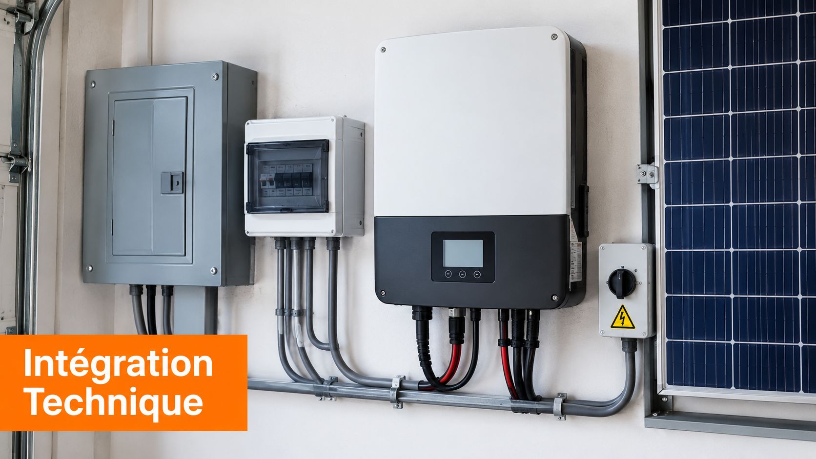Installation technique d'un système photovoltaïque avec onduleur, disjoncteurs et panneau solaire fixés au mur d'un garage.