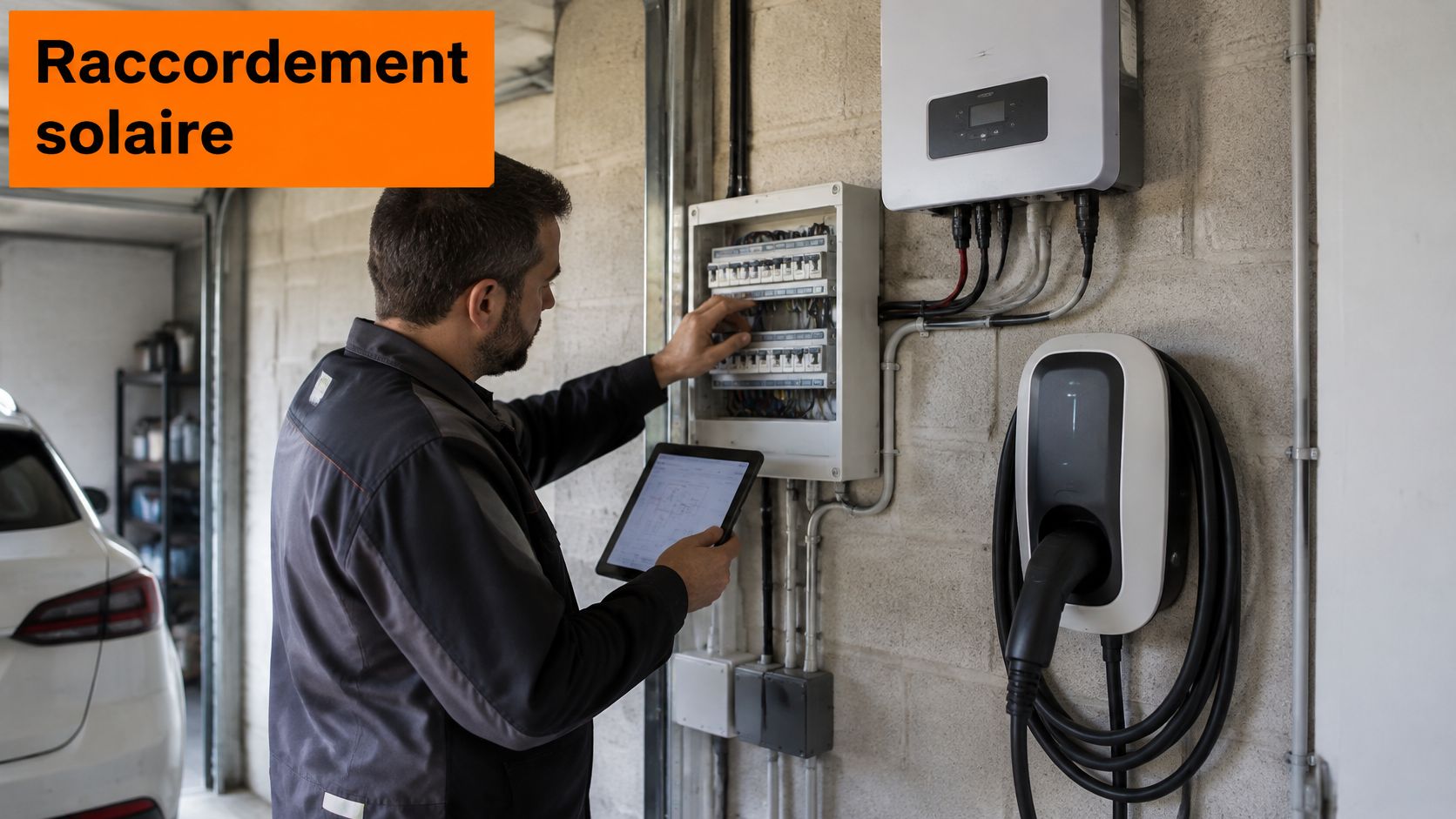 Un technicien qualifié vérifie l'installation électrique d'une borne de recharge solaire dans un garage résidentiel moderne.