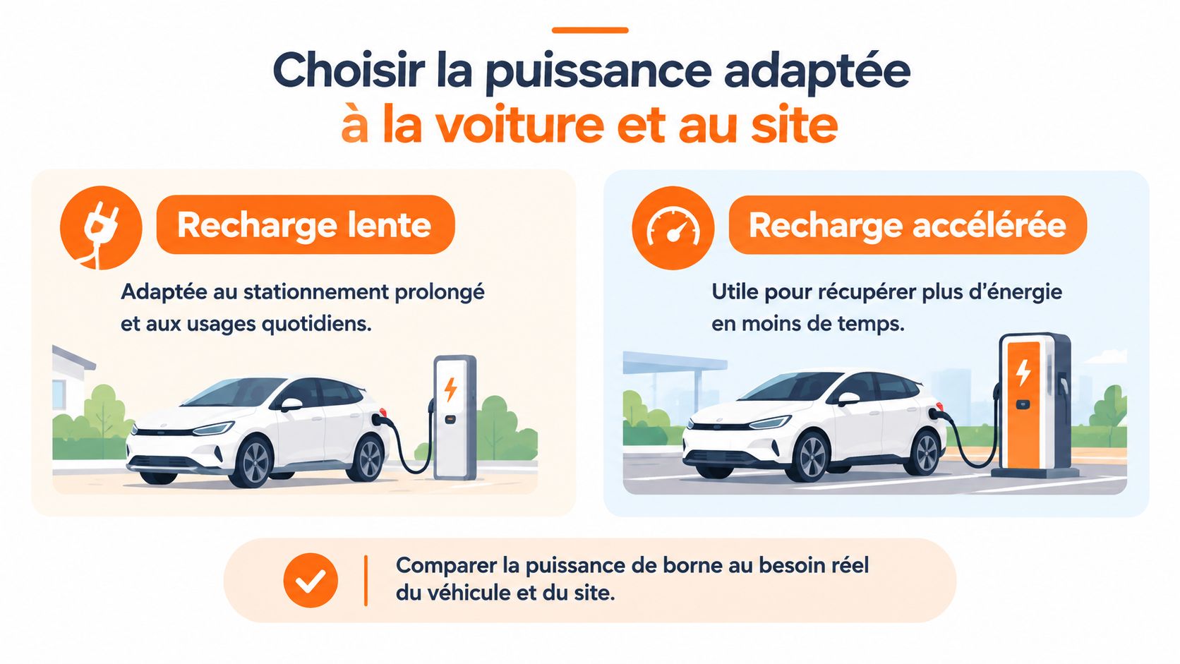 Illustration montrant deux options de recharge pour voiture électrique, avec des conseils pour choisir la puissance adaptée.