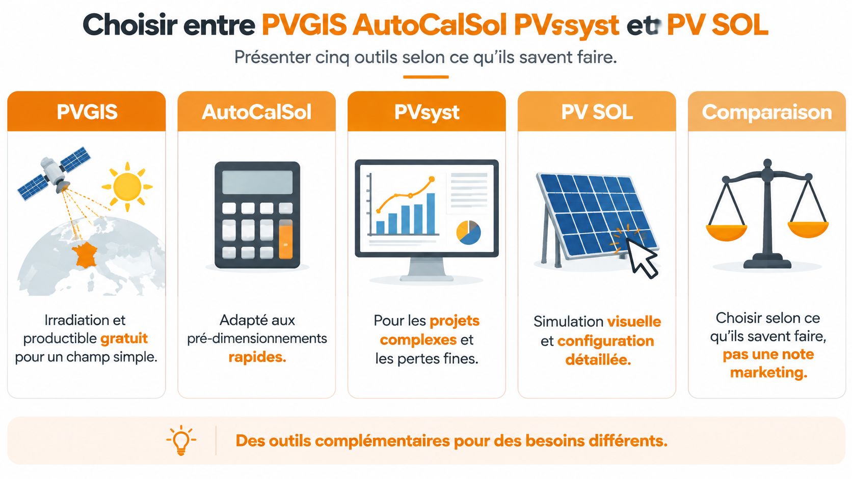 Infographie comparant quatre outils de simulation de production photovoltaïque pour choisir le logiciel adapté à chaque projet.