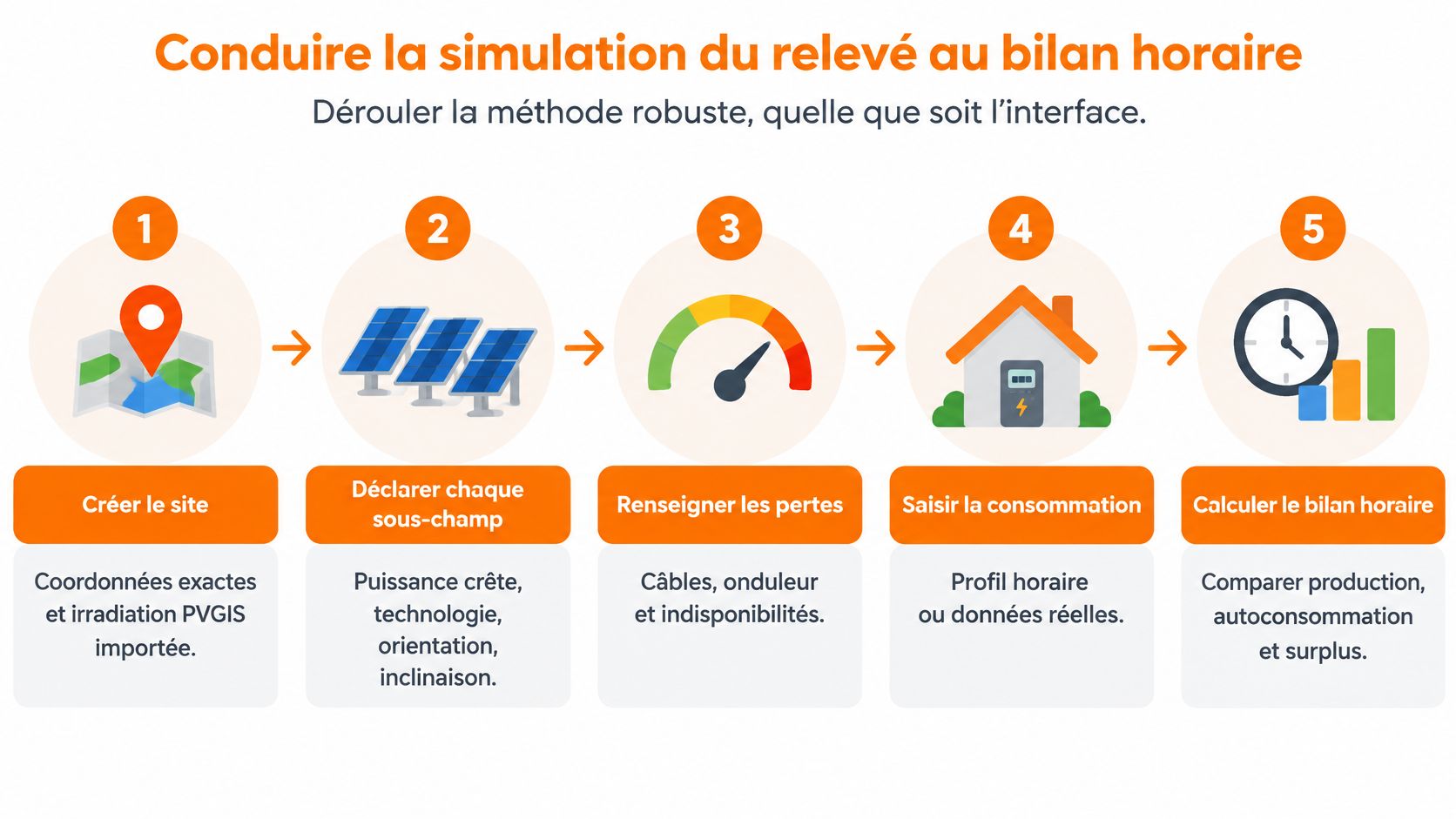 Une infographie en cinq étapes expliquant le processus de simulation de production d'énergie solaire photovoltaïque.