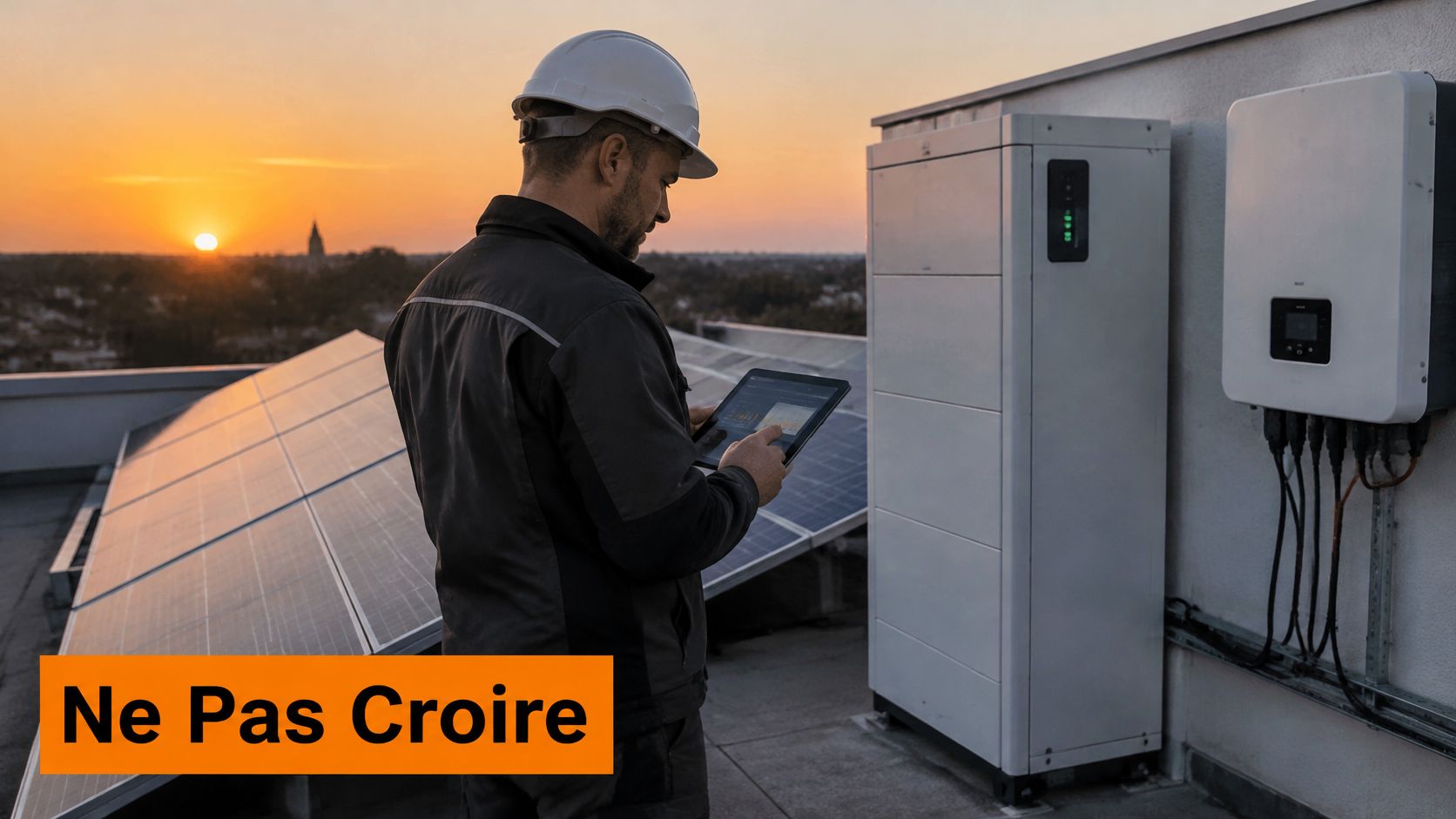 Un technicien qualifié vérifie les performances d'un système de panneaux solaires avec une tablette au coucher du soleil.