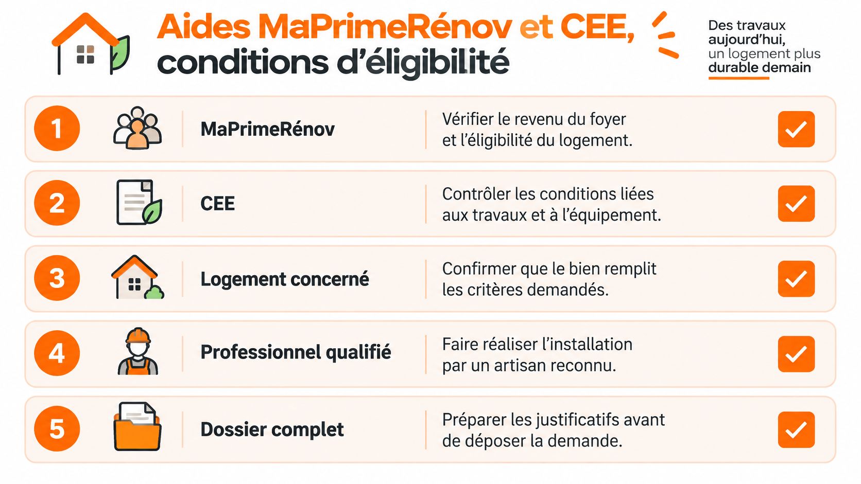 Infographie présentant les cinq étapes clés pour bénéficier des aides à la rénovation énergétique MaPrimeRénov et CEE.