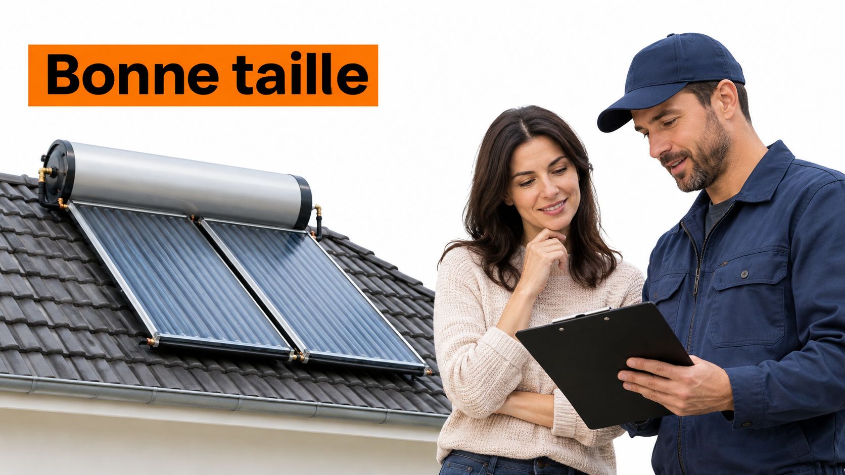 Une technicienne et un client discutent devant un toit équipé de panneaux solaires thermiques pour le chauffage.