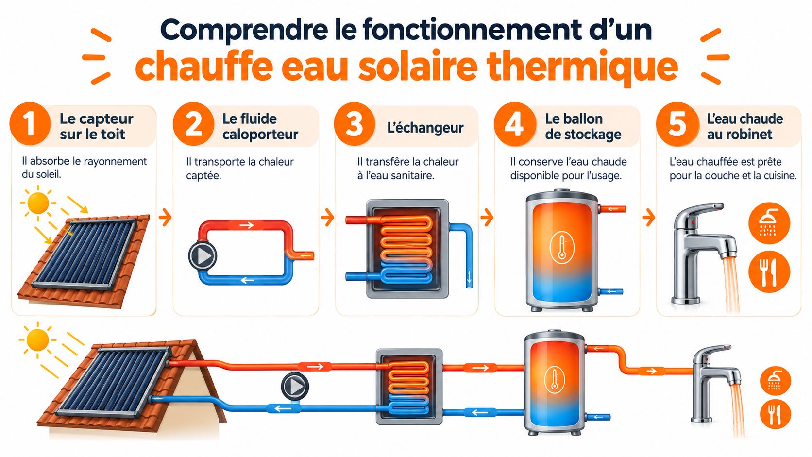 Schéma explicatif montrant les cinq étapes de fonctionnement d'un chauffe-eau solaire thermique pour la production d'eau chaude.