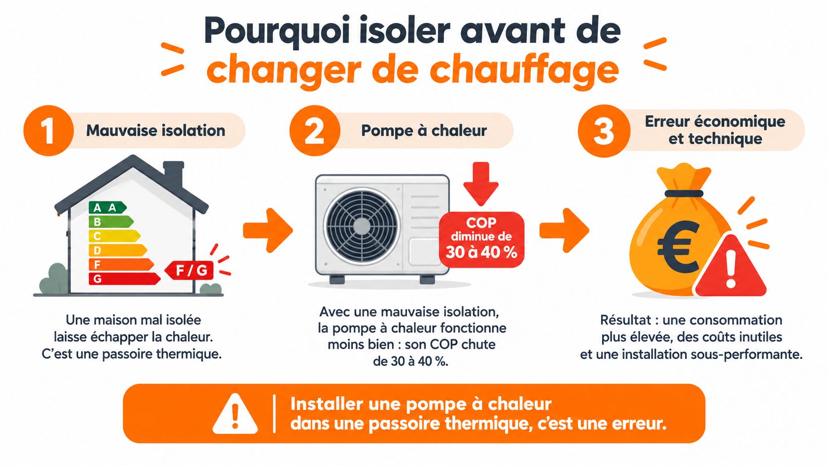 Infographie expliquant pourquoi il est crucial d'isoler son logement avant d'installer une pompe à chaleur performante.