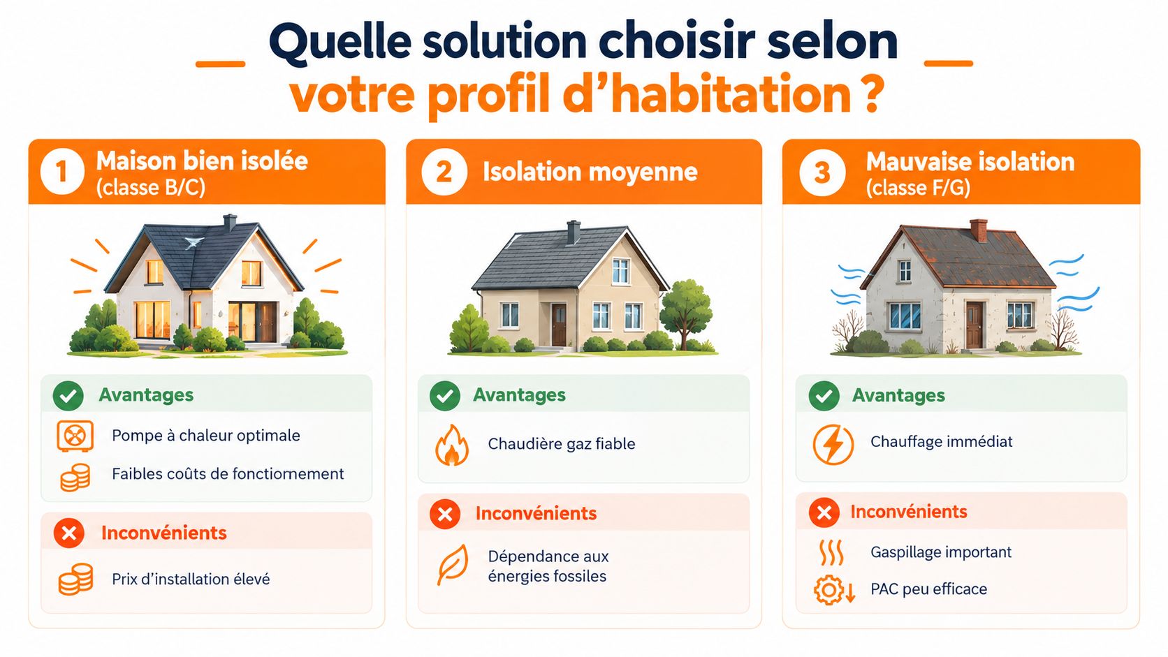 Infographie comparant les solutions de chauffage adaptées selon le niveau d'isolation énergétique d'une habitation.